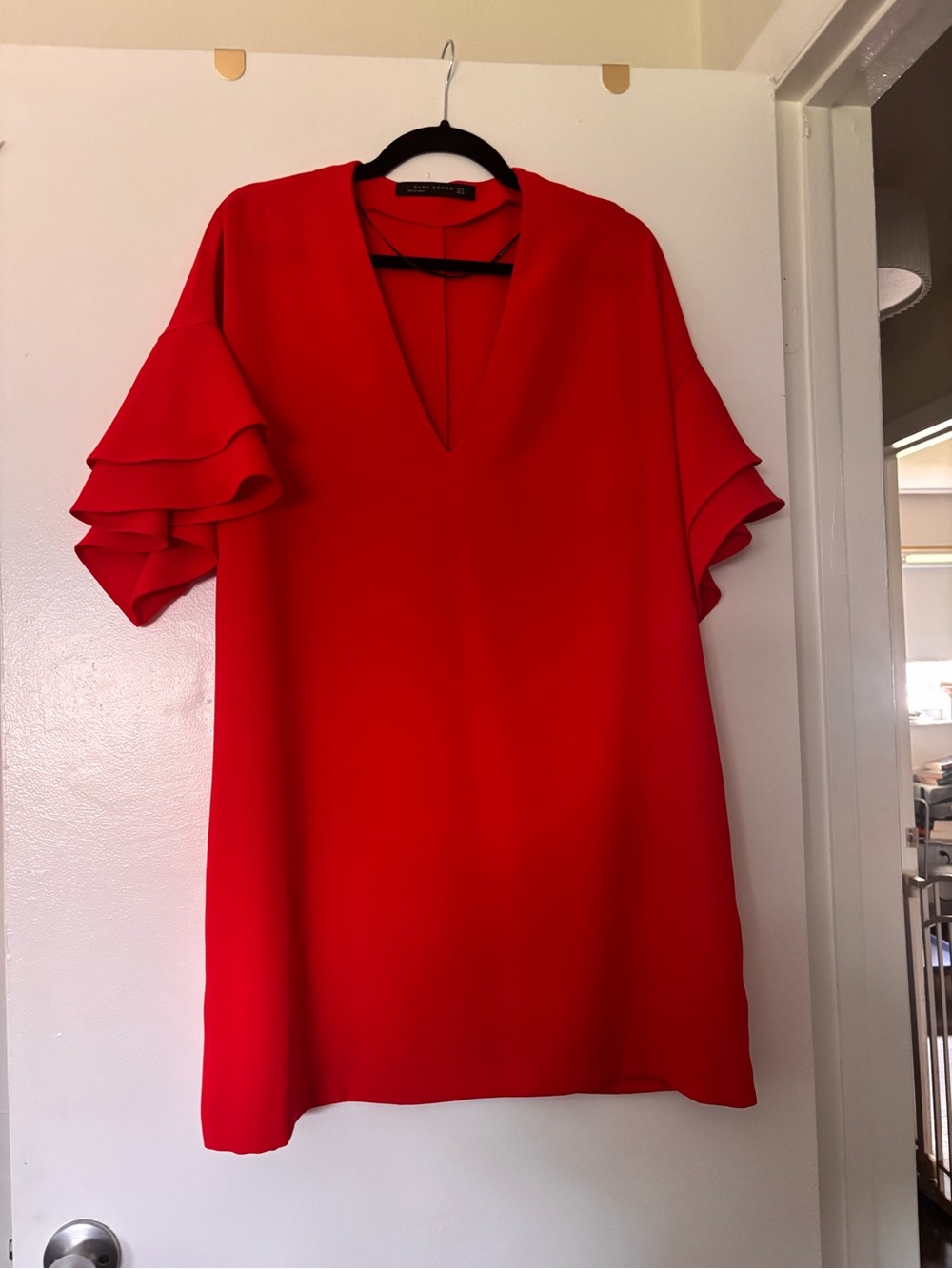 Zara Red V-Neck Mini Dress with Tiered Ruffle Sleeves